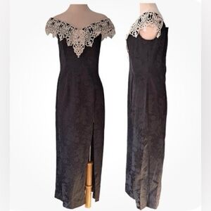 Vintage Gunne Sax Brocade Off Shoulder Floral Print High Slit Gothic Dress